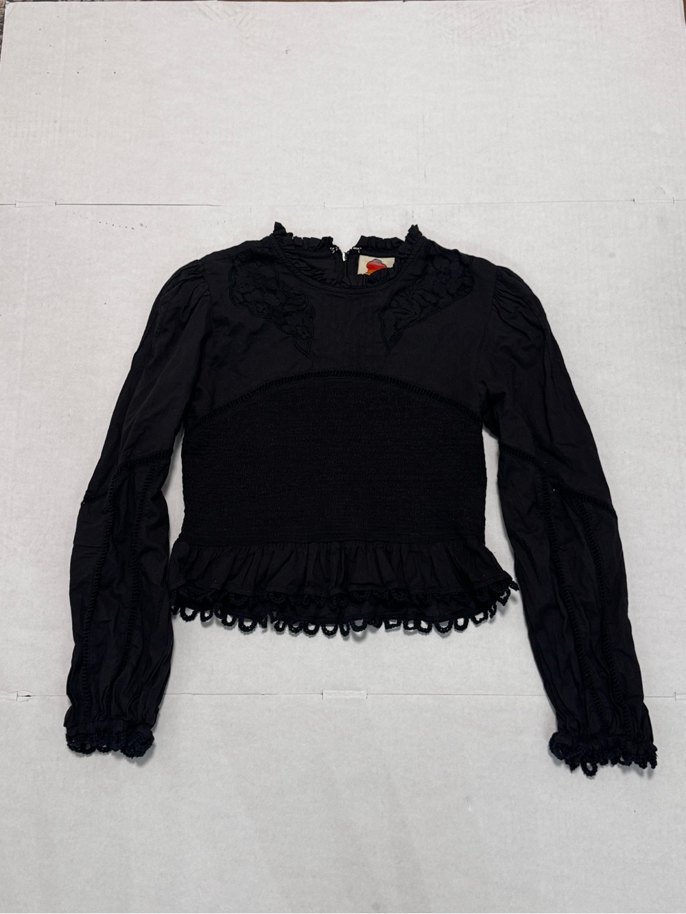 Farm Rio Blouse Womens Black Lace Cotton Long Sleeve Top Medium